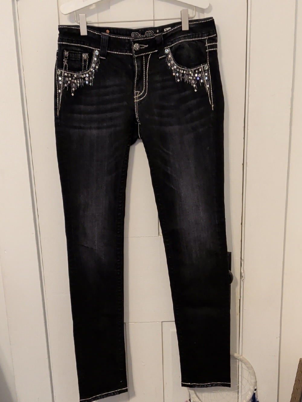 Miss Me Black Skinny Jeans with Rhinestone Fringe Pockets
